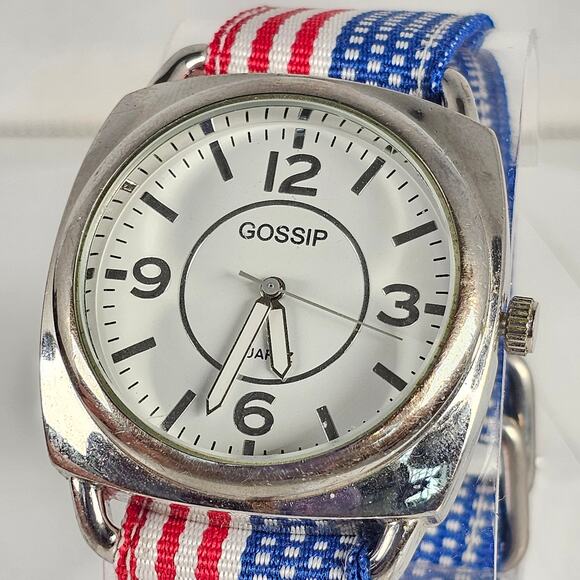 Gossip Quartz Watch White Dial 39mm Case Red White Blue Fabric Band Tested - Picture 15 of 15